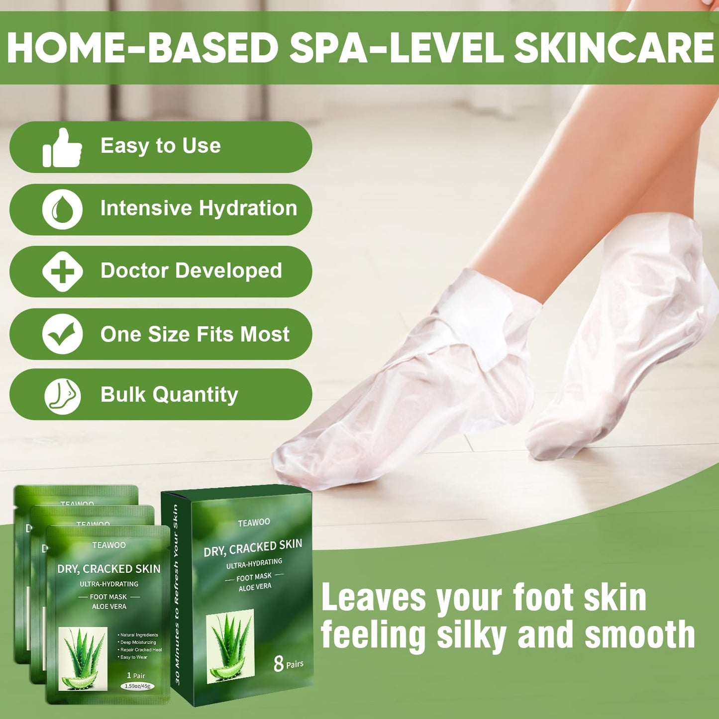 TEAWOO 8 Pairs Moisturizing Foot Masks with Aloe Vera Extract & Jojoba Oil, Intensely Hydrating Foot Mask for Dry Cracked Feet, Moisturizing Socks for Cracked Heel Treatment