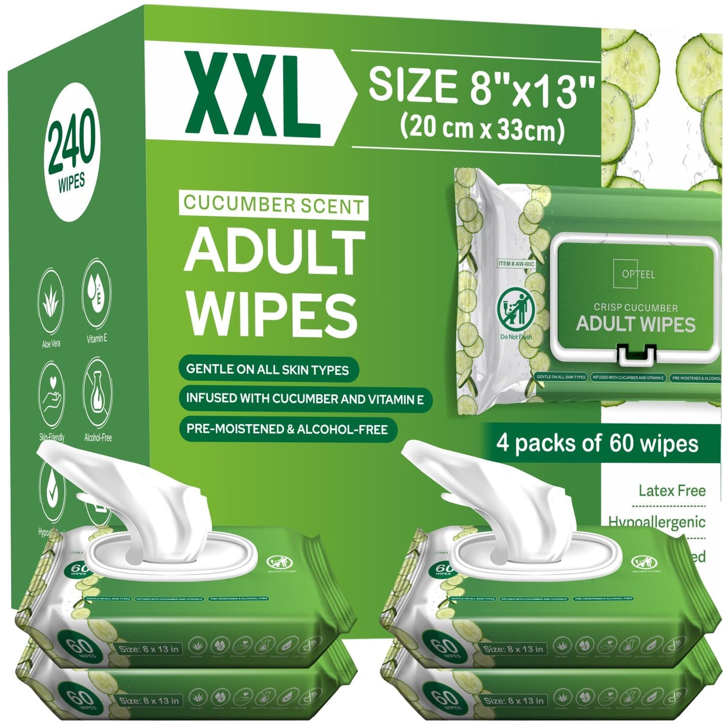 OPTEEL Adult Wipes Extra Large Scented - Skin-Friendly Incontinence Wet Wipes for Adults & Elderly Disposable Washcloths - 8x13" 4 Packs of 60 (240 Wipes)