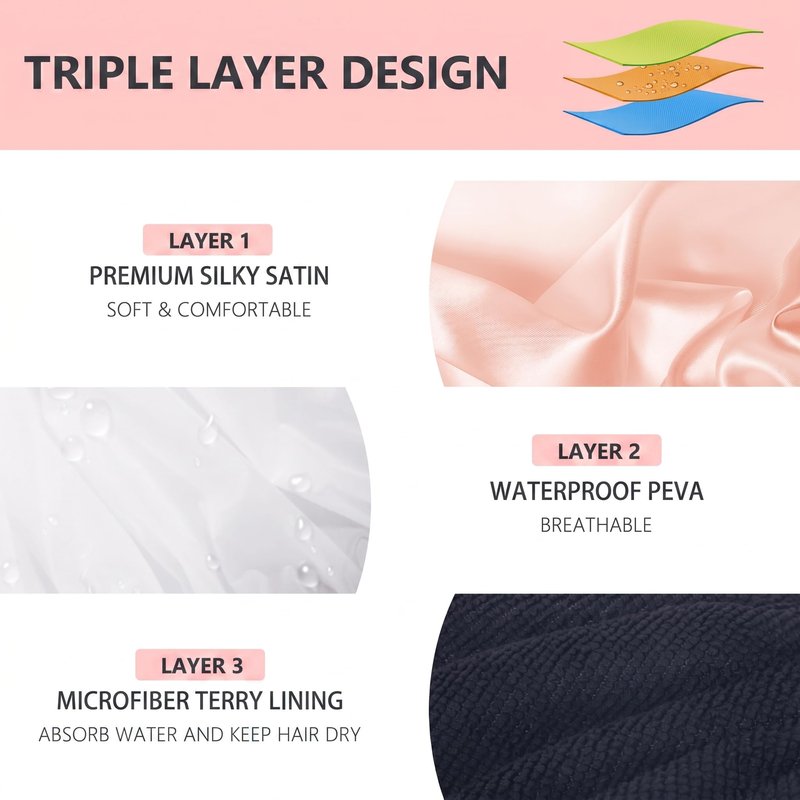 Aquior Shower Cap,Shower Cap for Women Reusable, Triple Layer Waterproof Bath Cap,Silky Satin Outer Layer Terry Lining, Extra Large for Women Long Hair(Champagne)