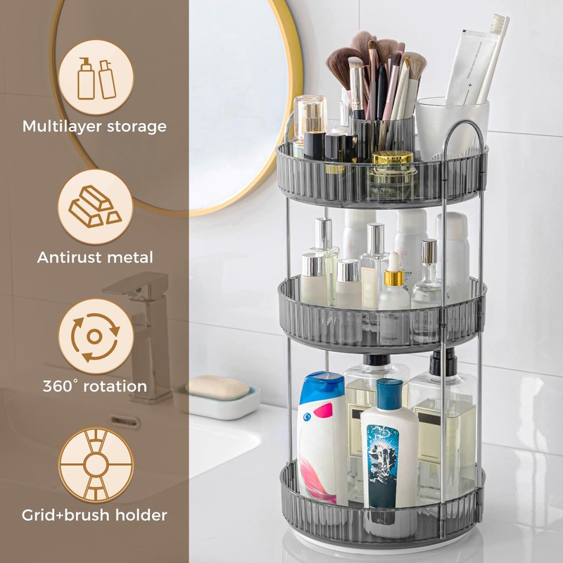360° Rotating Makeup Organizer, Upgraded 3 Tier Skincare Perfume Organizers for Women, Bathroom Organizer Countertop, Clear Cosmetic Dresser Organizer with Makeup Brush Holder, Sink&Counter(Grey)