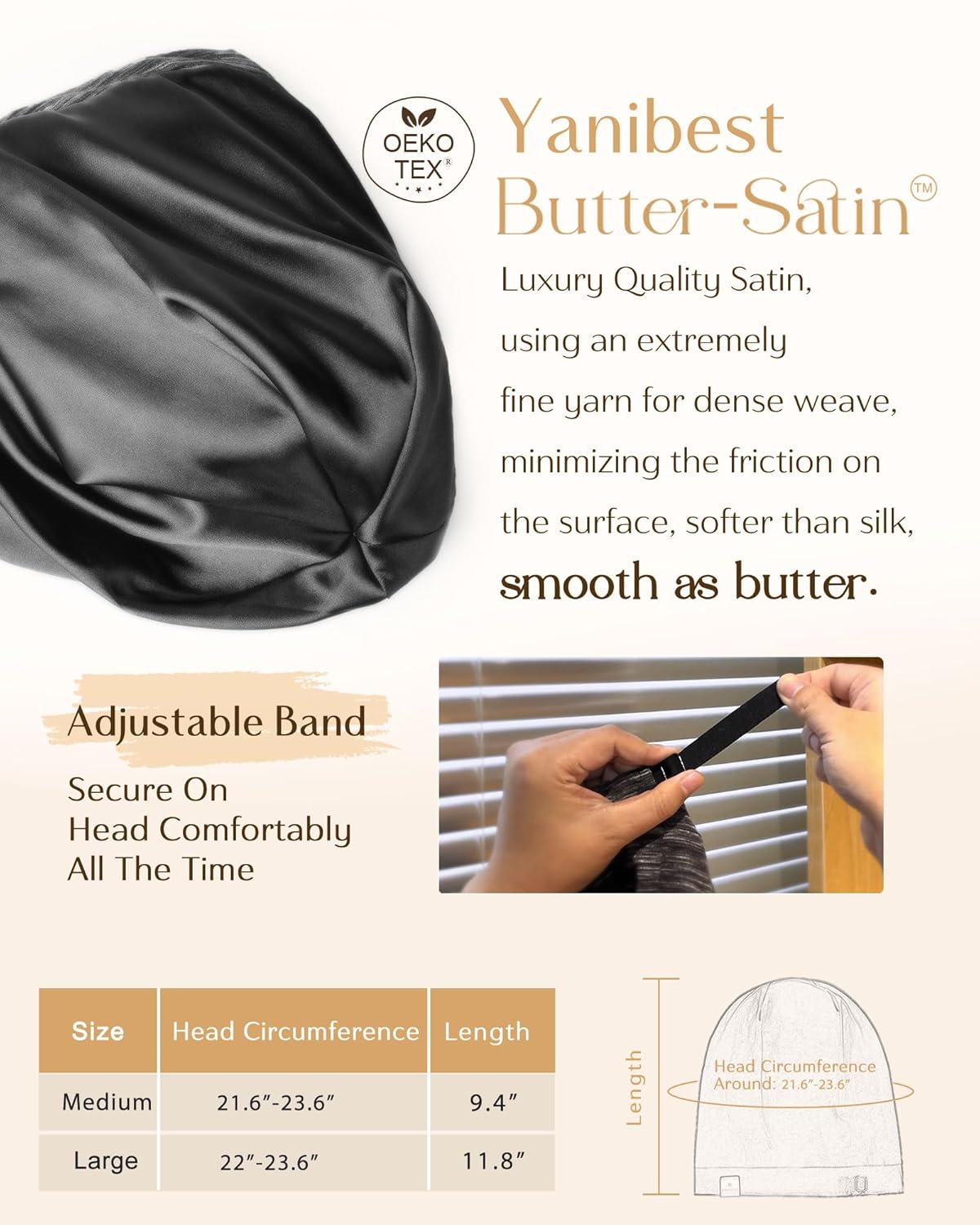 YANIBEST Silk Satin Bonnet - Adjustable Hair Wrap for Sleeping | Perfect for Curly Hair & Braids, Black