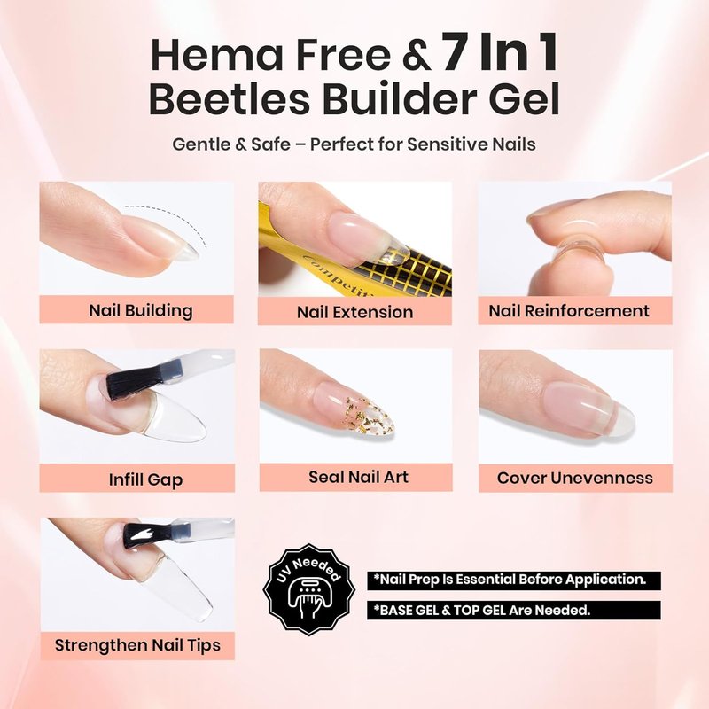 Beetles Builder Gel for Nails - HEMA-Free Clear & Jelly Nude | Apex Strengthening for DIY Nail Extensions