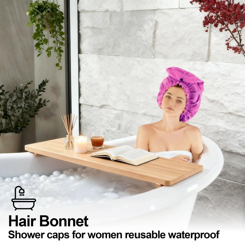 ELEBOX Extra Large Shower Cap for Braids/Curly Hair/Dreadlock | Reusable Waterproof Long Bonnets for Women Shower/Cooking/Cleaning/Spa | XL Bathing Cap with Adjustable Drawstring & Button, Purple