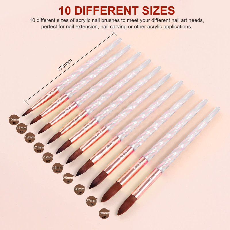 Saviland Acrylic Nail Brush Set - 10PCS Kolinsky Acrylic Nail Brushes for Acrylic Application, Professional Acrylic Powder Brushes for Nail Art Extension & 3D Carving Size 4/6/8/10/12/14/16/18/20/22