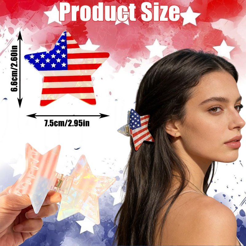 American Flag Star Hair Clip 4th of July Patriotic Hair Accessories for Women Independence Day Red White Blue Acrylic Hair Claw Clips for Thick Thin Hair USA Flag Hair Barrettes for Holiday Party Gift