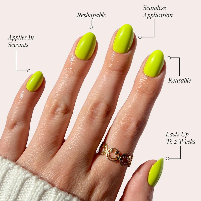 Glamnetic Press On Nails - Neon Lime Green Short Oval | Salon Quality 30 Nail Kit in 15 Sizes