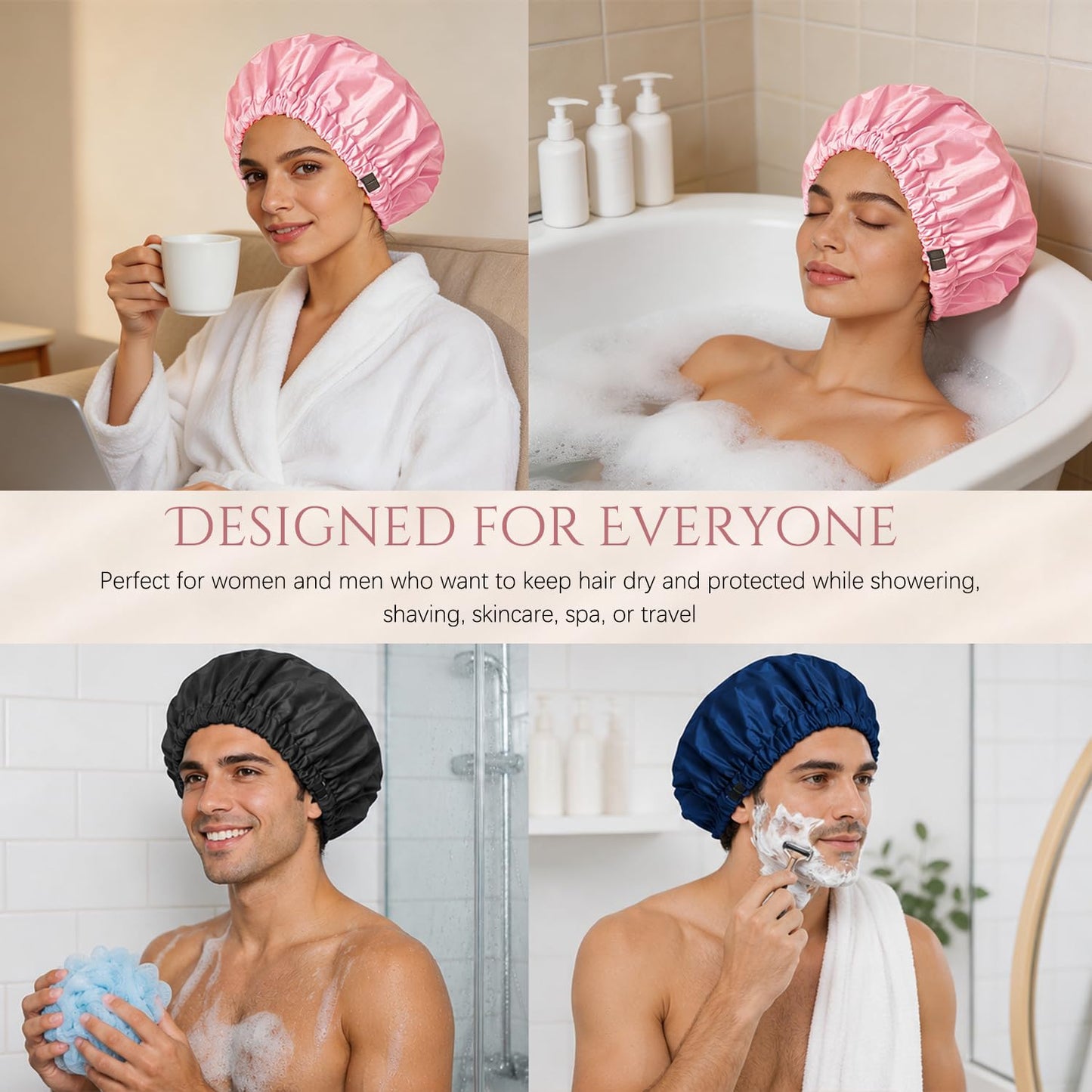 Shower Cap for Men, Reusable Waterproof Bath Cap with Soft Elastic Band, Double Layer Large Satin Lined Shower Hat for Curly Braids Long Hair, Washable Non-Slip Hair Cap(Black)