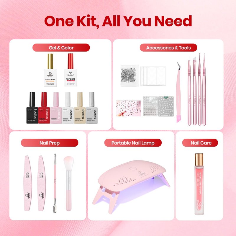 Beetles 22 Pcs HEMA-Free Gel Nail Polish Kit with U V Light - 6 Color Pink Black White Red Shiver Glitter Gel Polish Set Timeless Charm Gift-Ready Package Salon Manicure Kit Mothers Day Gifts