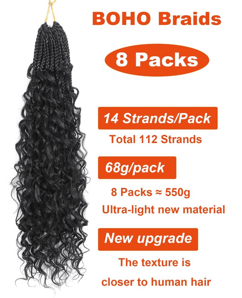 Pintress Goddess Box Braids Crochet Hair 18 Inch 8 Packs Boho Crochet Braids with Curly Ends Pre-looped Synthetic Hair Extensions 3X Crochet Braids Hair for Women (18inch,1B#)
