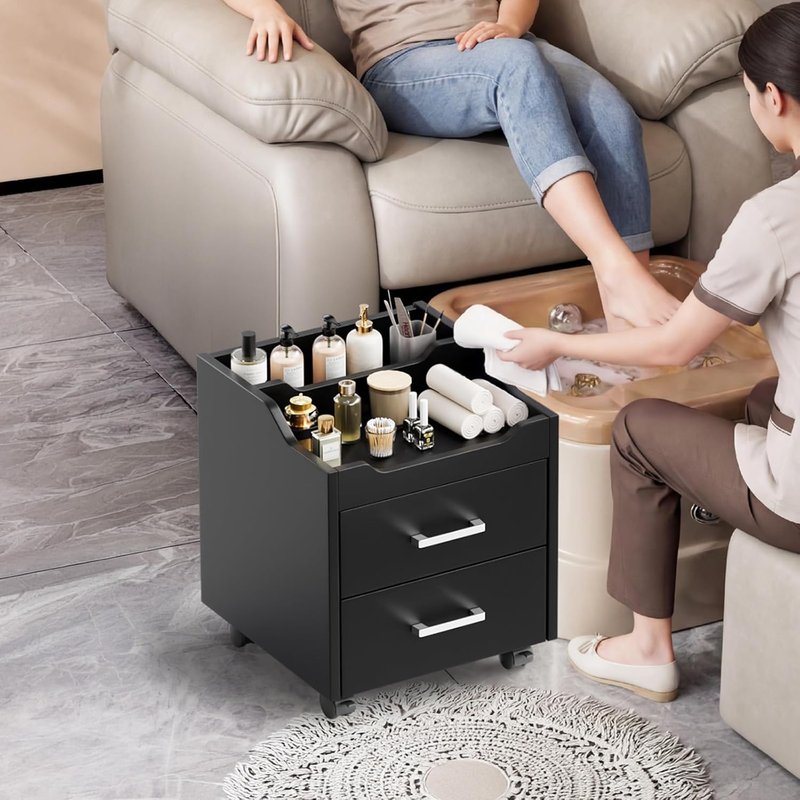 OmySalon Pedicure Cart - Portable Foot Bath Trolley with 2 Storage Drawers | Black Beauty Spa Supplies