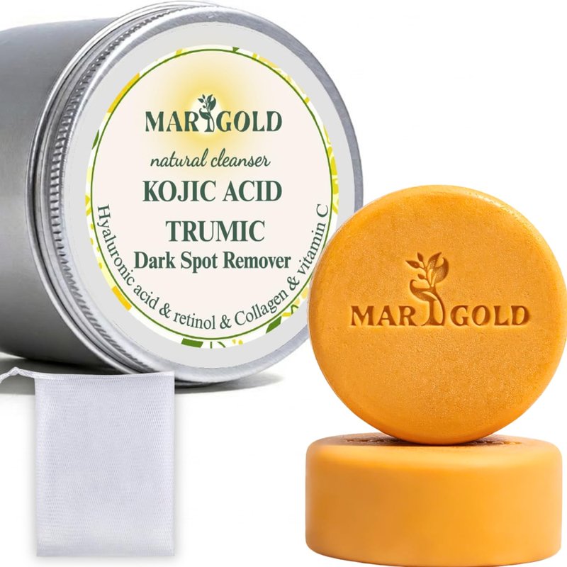 Marigold glow Kojic Acid Soap bar Dark Spot remover with Turmeric for Face and Body Cleanser Bar with Vitamin C Retinol Collagen Hyaluronic Acid, 3.5 Oz Pack of 2