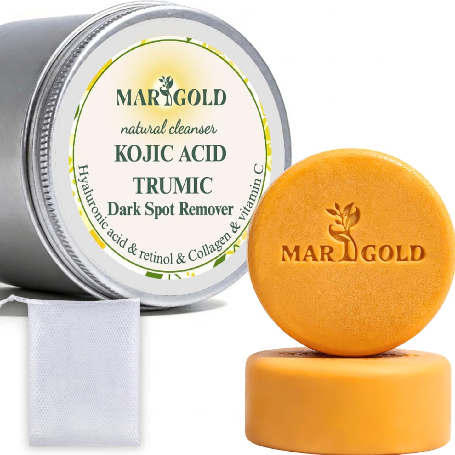 Marigold glow Kojic Acid Soap bar Dark Spot remover with Turmeric for Face and Body Cleanser Bar with Vitamin C Retinol Collagen Hyaluronic Acid, 3.5 Oz Pack of 2