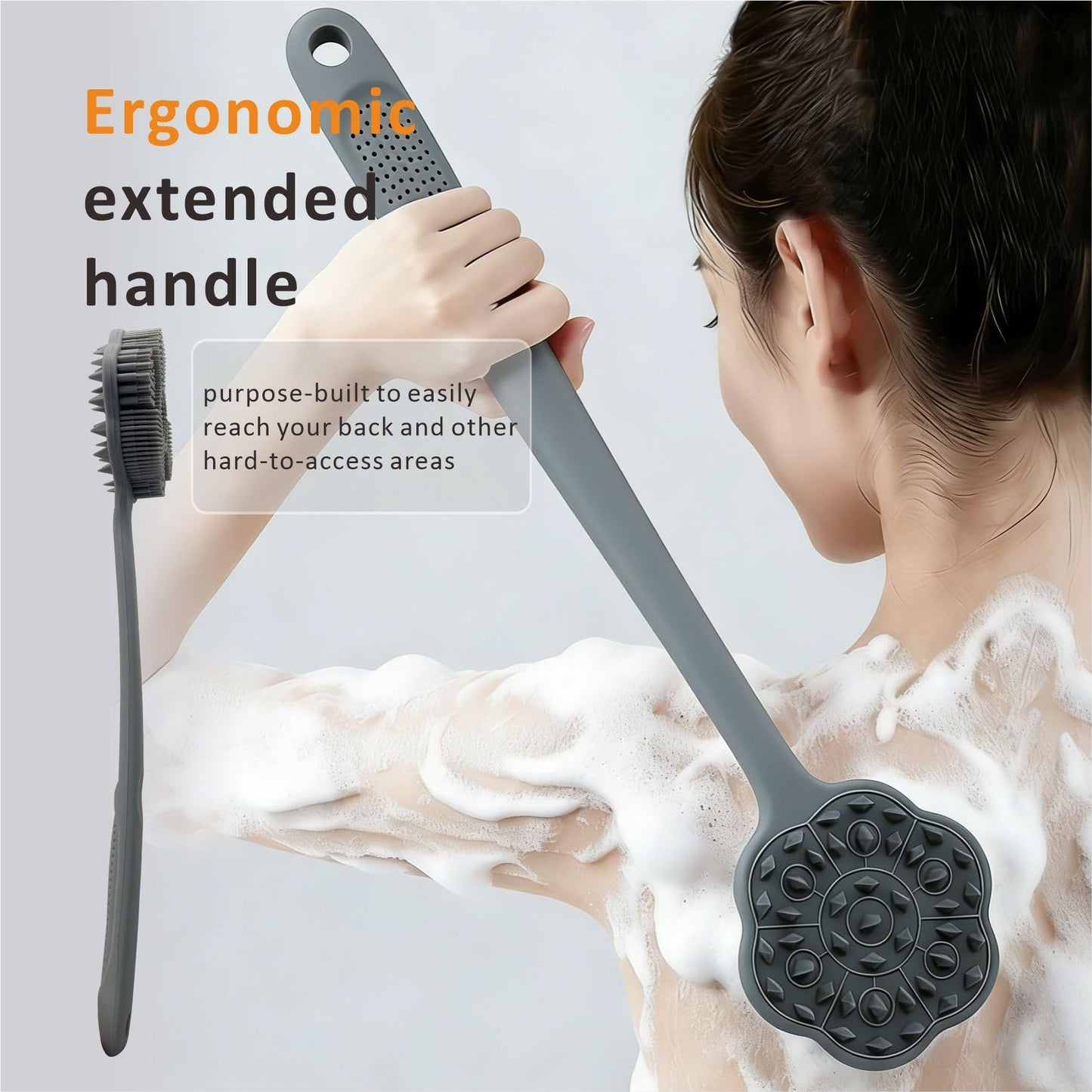 Back Body Scrubber & Face Scrubber for Shower - 15 Inch Long Handle Double Sided Silicone Body Brush for Exfoliation & Massage, Soft Facial Cleansing Brush, Rich Lathering for Deep Cleansing (Gray)