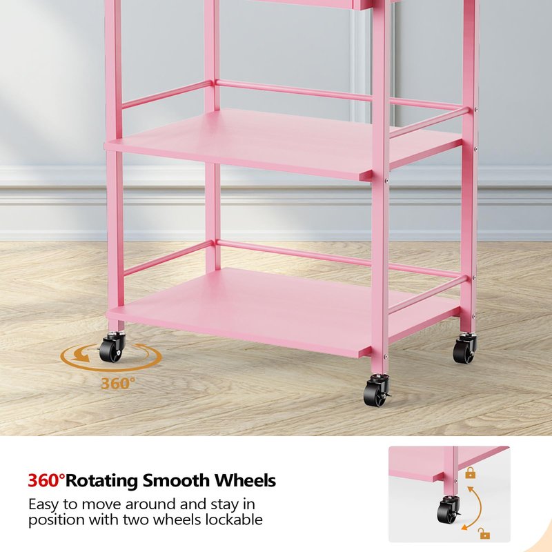 Salon Trolley Cart for Beauty SPA, Wooden Rolling Storage Station, Mobile Utility Cabinet with 1 Drawer 2 Trays, Medical Esthetic Supply Holder for Massage Tattoo Facials, Pink