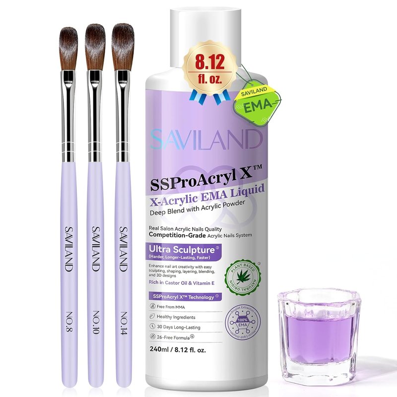 SAVILAND EMA Monomer Acrylic Nail Liquid - 8 oz for Nail Extensions | Includes 3 Brushes & Dappen Dish