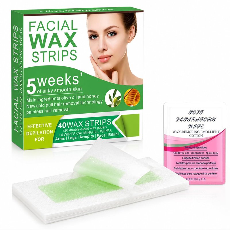 Facial Wax Strips for Women | 98% Natural Cold Wax for Gentle Hair Removal - 40 Strips + 4 Wipes