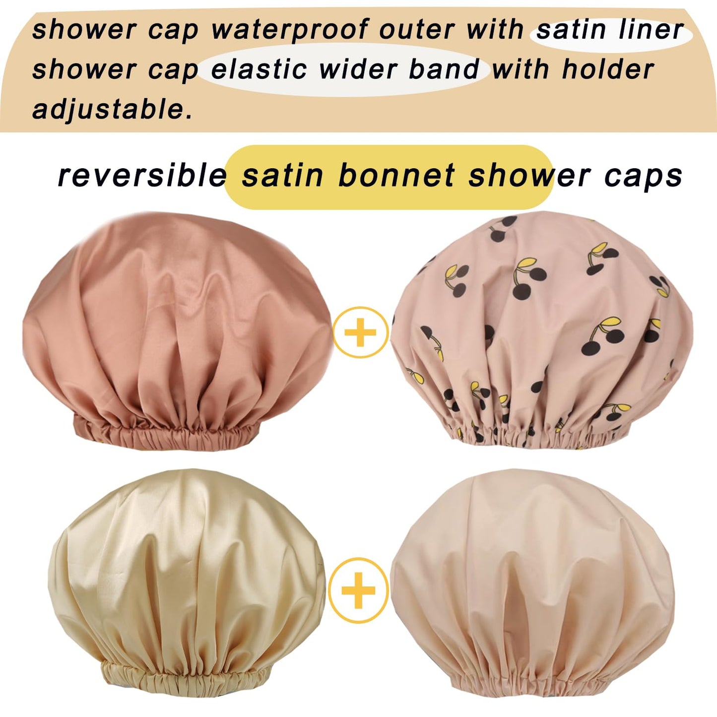 2Pcs Genergy Shower Cap for Women Waterproof, Adjustable Shower Cap Reusable, Luxury Shower Caps Comfortble, Extra Large &Double Layers &Reversible Satin Lined Bonnet(Apricot+Pink flower)
