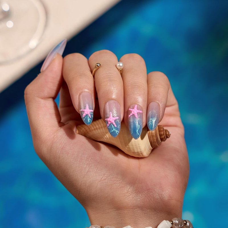 Press On Nails - Star Shore 3D Starfish Blue Cat Eye Almond | Easy Application, 15 Sizes, 30 Nails Kit
