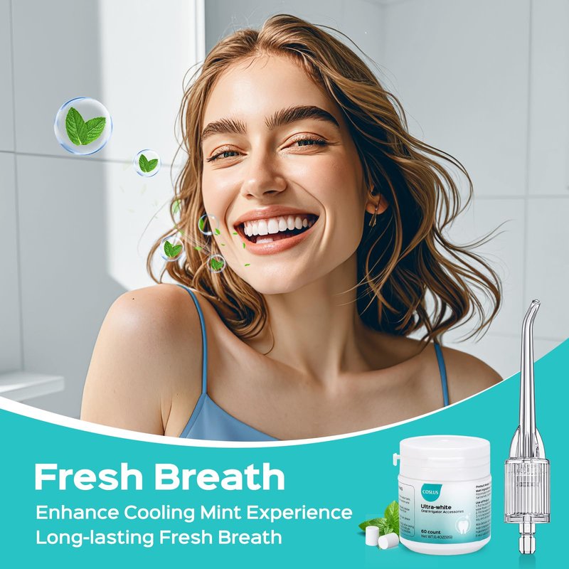 COSLUS Whitening Water Flosser Replacement Tips with 60 Pcs Mint Refills: Compatible with C20 (F5020E) & E40 (WFP14) Portable Water Flossers – Improve Stains Gently& Fresh Breath for Daily Oral Care