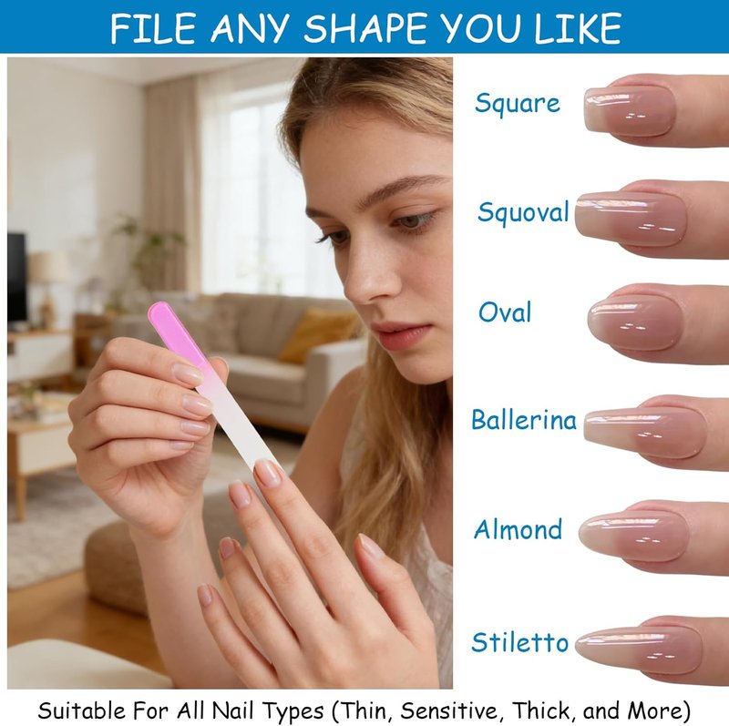 Glass Nail File Set - 7 Pack Double-Sided Etched Crystal Files for Natural Nails | Gentle & Reusable Manicure Tools