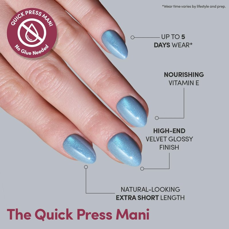 Glamnetic Quick Press Mani - No Glue Press On Nails, Just Peel and Stick, Almond Extra Short Nails, Mess Free, Salon Quality Stick On Nails, Ocean Prism | in 15 Sizes - 30 Nail Kit