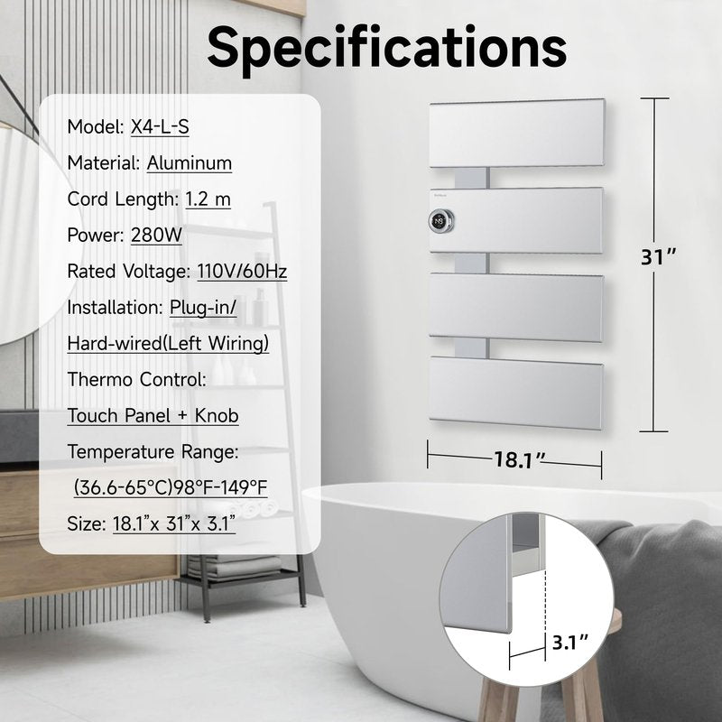 P&Dlusir Towel Warmer, Heated Towel Rack with Adjustable Temperature and Timer (1-24h, On), Fast Heating and Drying for Bathroom, Memory & Remote Control Compatible, Left-Wiring, 4-Panel, Silver