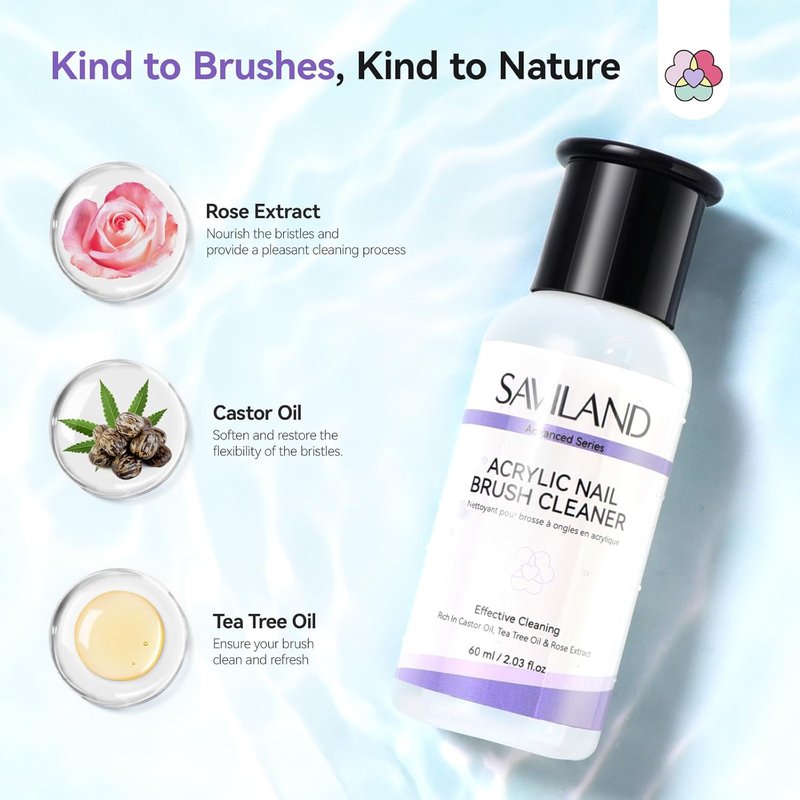Acrylic Nail Brush Kit - 3 Kolinsky Brushes (Size 8/10/14) & 60ml Cleaner | Plant-Based Formula for Nail Art & Care