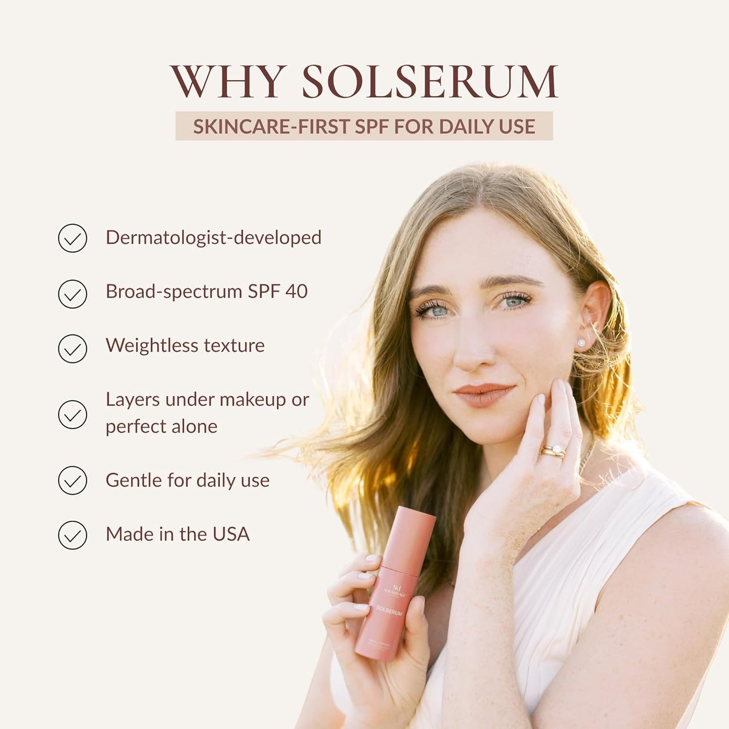 Solserum Broad Spectrum SPF 40 Mineral Sunscreen for Face – Lightweight Serum with Zinc Oxide, Hydrating, Sheer Dewy Finish, For Sensitive Skin (1.7 oz)
