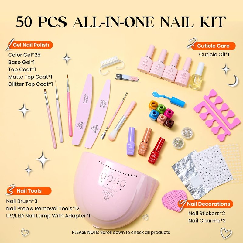 Beetles Gel Nail Polish Kit - 25 Colors with UV Light | Complete 51-Piece DIY Manicure Set for Women