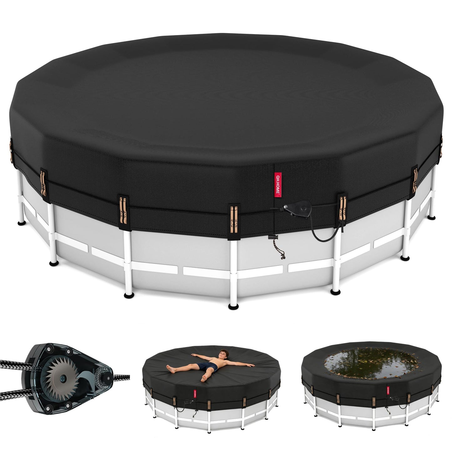 QH.HOME 12ft Round Pool Cover,[Ultimate Windproof & Tear-Resistant Fabric],Snug Fit with Patented Ratchet & Weight Rings,Solar Pool Cover for Above Ground Pools, Blocks Leaves &Waterproof