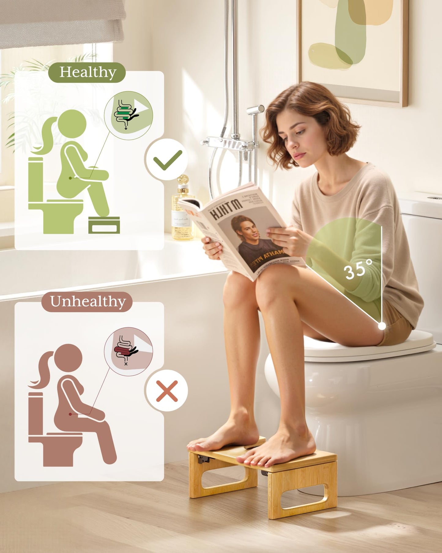 AmazerBath 7 Inches Bamboo Toilet Stool Squat for Adult, Foldable Squatting Potty Stools for Bathroom, 0.79" Thickness Poop Stool with Non-Slip Strip, Space-Saving, No Assembly Required, Natural Color