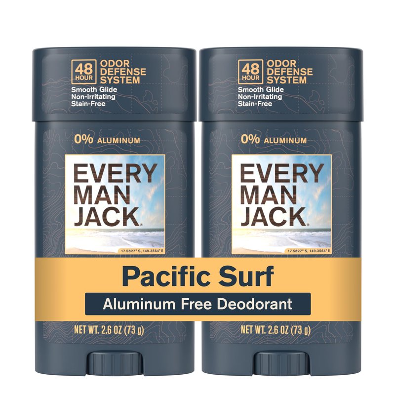 Every Man Jack Men's Deodorant - 48-Hour Odor Defense Blend - Aluminum Free - Contains Postbiotics, Tapioca Starch & Oat Powder - Pacific Surf Scent - 2.6 oz (2 Pack)