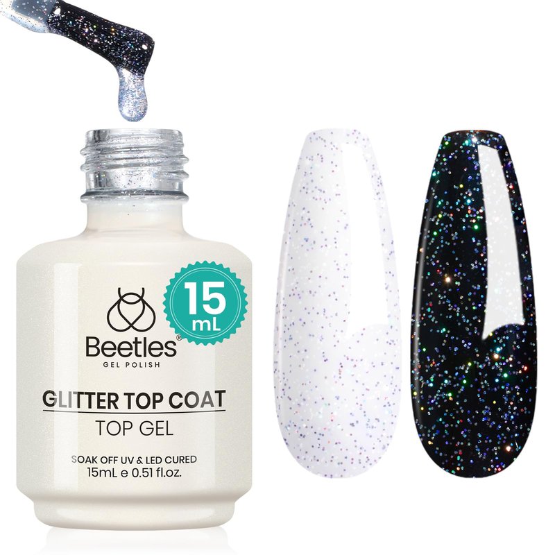 Beetles Glitter Gel Top Coat, 1 Pcs 15ml Glitter No Wipe Top Coat Gel Polish Reflective Silver Super Shiny UV Nail Decoration Nail Art Sparkle Manicure DIY Home Salon
