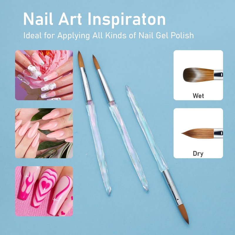 Skiennix Acrylic Nail Brush Set - Professional 3PCS Size 8/10/12 for DIY Nail Art & Manicure