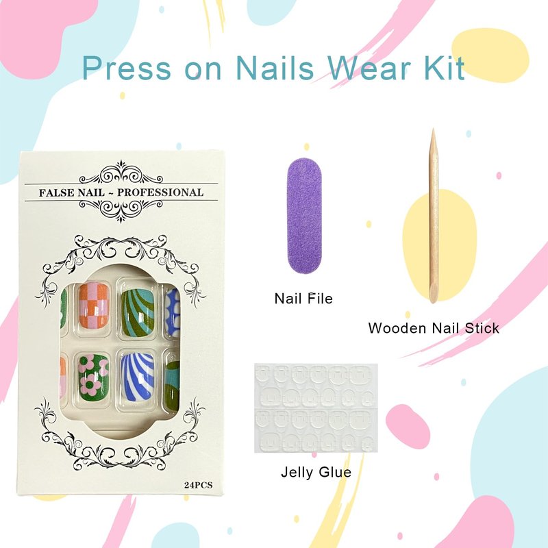 Colorful Press-On Nails - 24Pcs Short Square Acrylic Nails with Flower & Stripe Designs | Full Cover Glossy Artificial Nails for Women