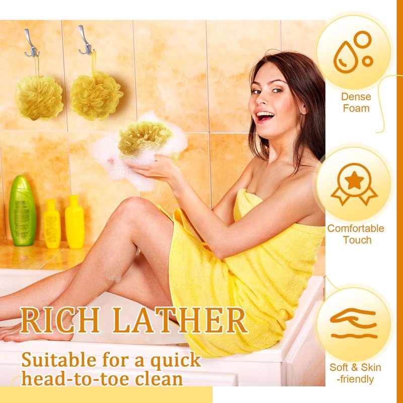 FuWeave 12 Pcs Christmas Bath Loofah Sponge Red Green Loofah Exfoliating Body Scrubber Shower Sponge 50g Mesh Shower Pouf Balls Gift Set for Women Men Bathing Accessories(Gold)