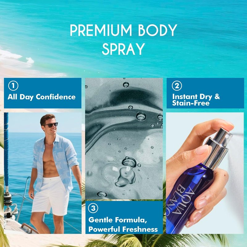 Aqua Blance Men's Body Spray - Long Lasting Fragrance | 3-Pack Travel Size, 2.1 Fl Oz Each, Notes of Lemon, Amber, Oud, Leather