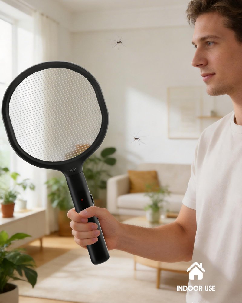 Faicuk Single Layer Grid Electric Fly Swatter High Efficiency Bug Zapper Racket for Wasps, Large Bees, Hornets, Yellow Jackets, Moths, Big Flying Insects, for Indoor Outdoor Use (White + Black)