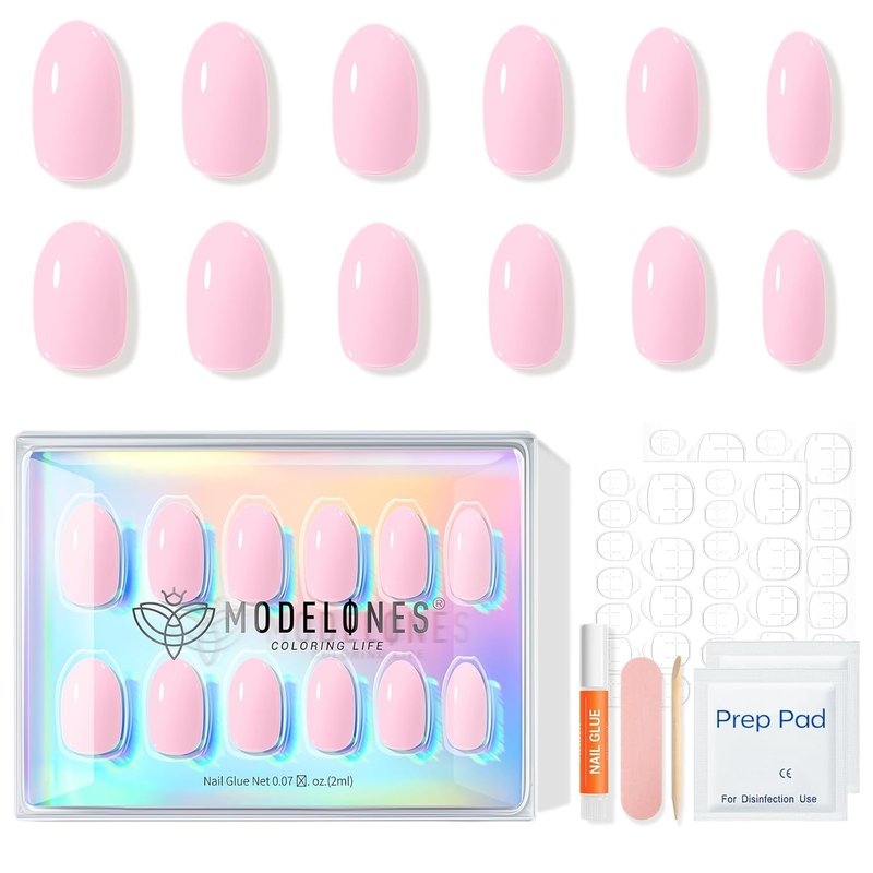 modelones Baby Pink Short Press on Nails, Oval Fake Nails Kit Press Ons with Nail Glue, Adhesive Tabs, Nail File, Prep Pad, Manicure Stick, 32Pcs 16 Sizes, Spring Women Girl Gift