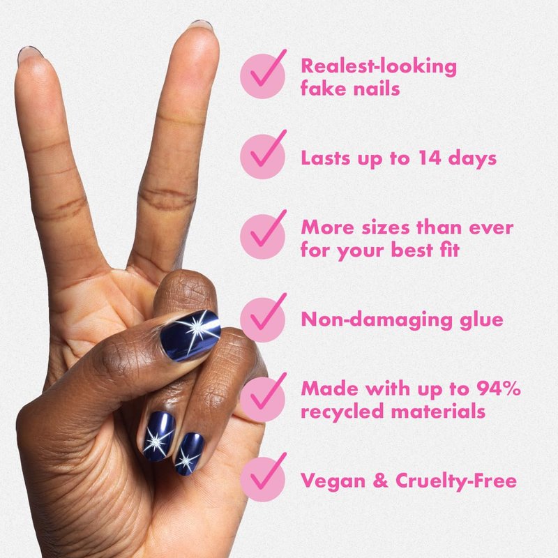 Instant Mani Press-On Nails - Star Wars Mandalorian & Grogu | 42 Non-Toxic Fake Nails, 21 Sizes | Short Round Blue Celestial Chrome