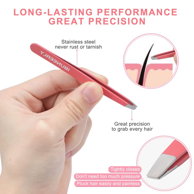 iBuneerly Eyebrows Tweezers Set, 4Pcs Stainless Steel Tweezers for Women with Travel Case, Great Precision for Ingrown Hair, Facial Hair and Splinter Removal