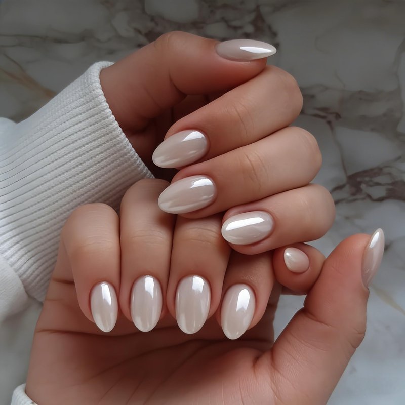 KXAMELIE Pearl White Press On Nails Short, Glazed Donut Extra Short Almond Press on Nails with Glue and Tabs, Reusable Thick Reflective Shimmer Fake Nails Oval in 16 Sizes - 32 Pcs All-in-One Kit