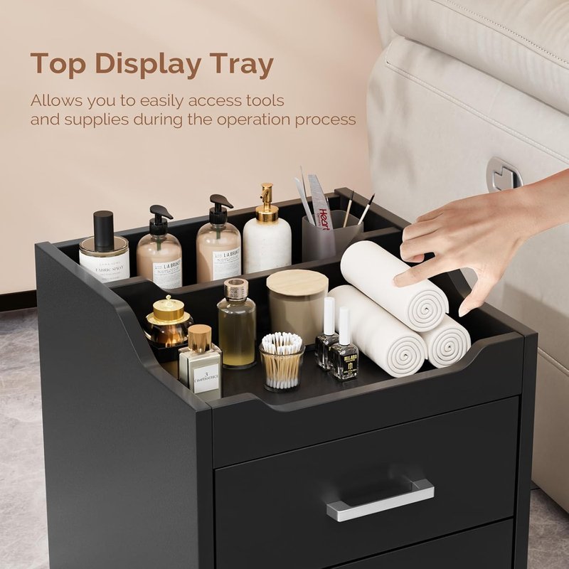 OmySalon Pedicure Cart - Portable Foot Bath Trolley with 2 Storage Drawers | Black Beauty Spa Supplies