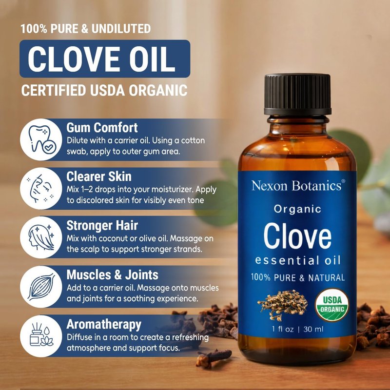 Organic Clove Essential Oil 30 ml - Pure & Natural for Toothache, Sore Muscles | Soothing Skin & Hair Care