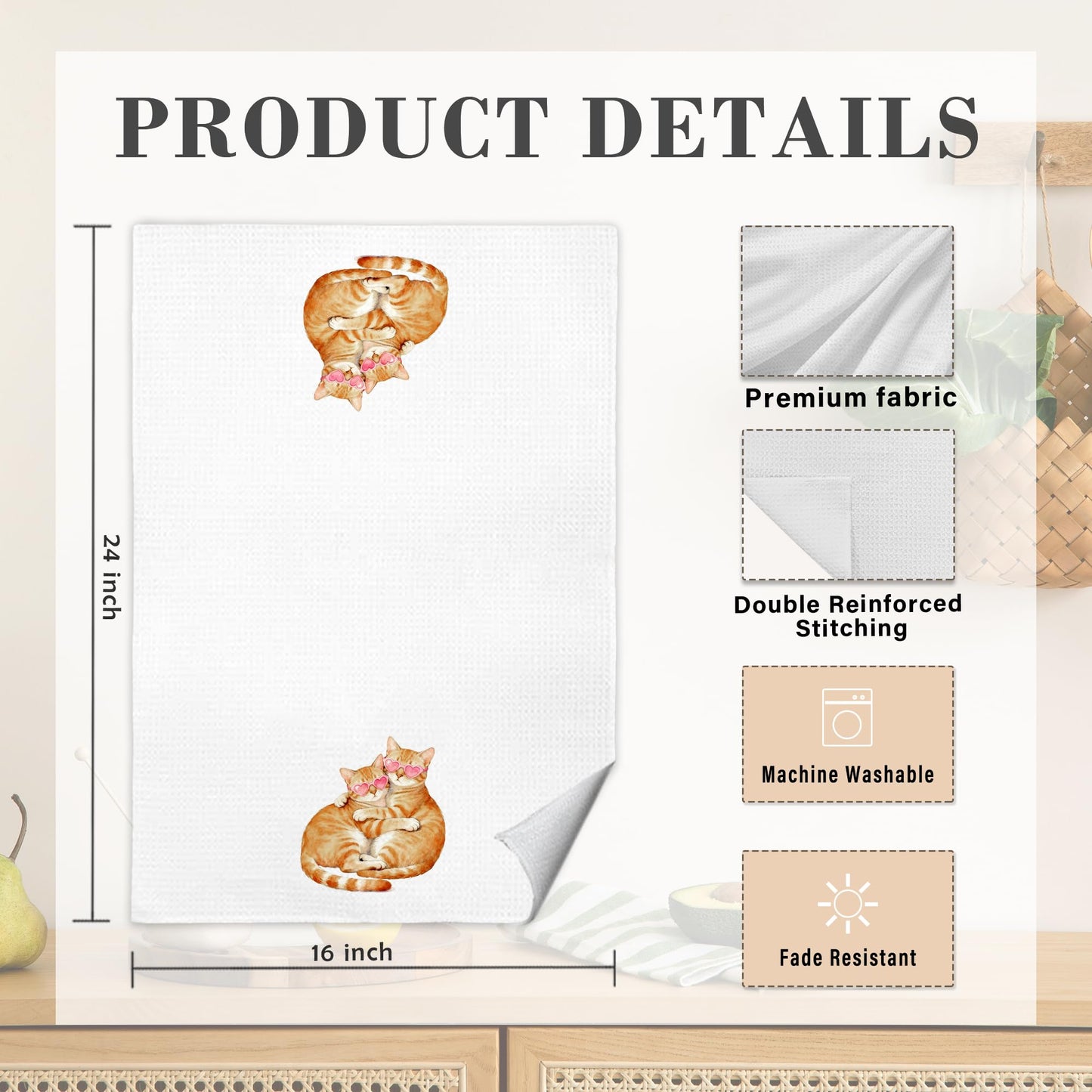 MKIJUHB Cute Orange Tabby Cat Valentines Kitchen Dish Towels, Valentine's Day Cat Gifts for Her Him Girlfriend Boyfriend Husband Wife Decorative Hand Tea Towels for Kitchen Bathroom, 16x24 Inch