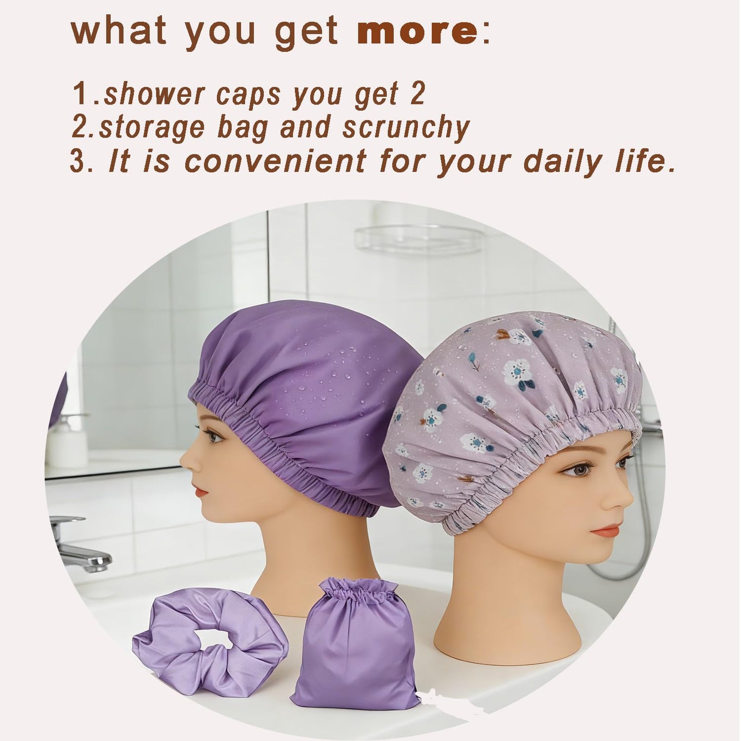 Genergy 2pcs Shower Cap for Women,Including Travel bag and Scrunchy. Frizz-Free Silky Liner, Waterproof Reusable Large Bath Bonnet for Short and Long Thick Hair, Soft Adjustable Elastic, Non-slip.