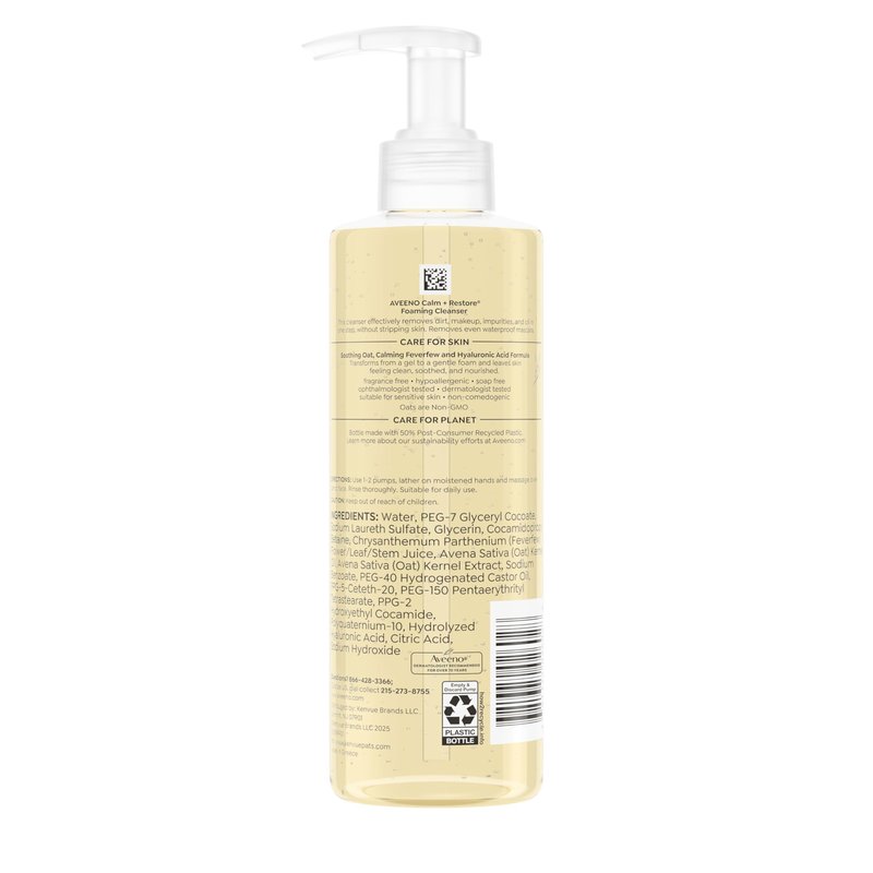Aveeno Calm + Restore Foaming Cleanser for Sensitive Skin, Daily Face Wash Gently Removes Makeup & Cleanses Skin with Soothing Oat, Feverfew & Hyaluronic Acid, Fragrance-Free, 7.8 fl. oz