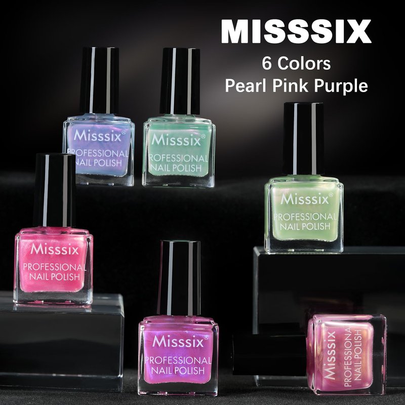 Misssix Pearl Nail Polish Set, 6 Colors Chrome Shimmer Pearl Pink Purple Quick Dry Nail Polish Long Lasting Fingernail Polish DIY Nail Lacquer Gift for Girls Women