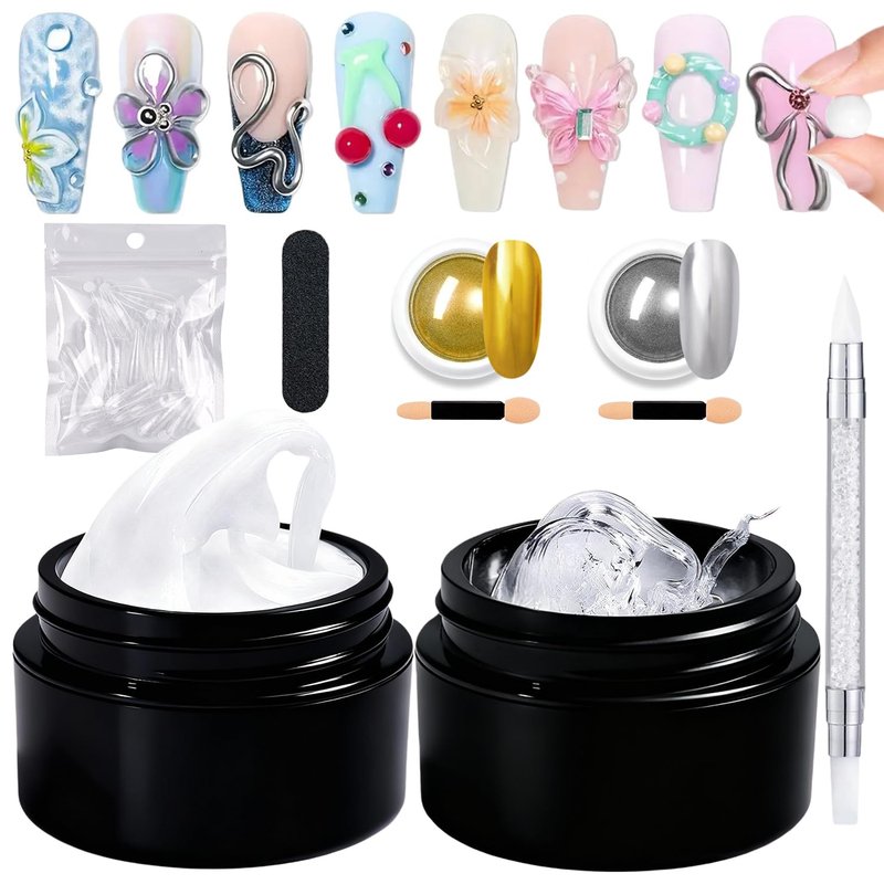 Skiennix 3D Sculpting Gel Kit - 15g Clear & White Non-Sticky Nail Builder with Gold Chrome Powder