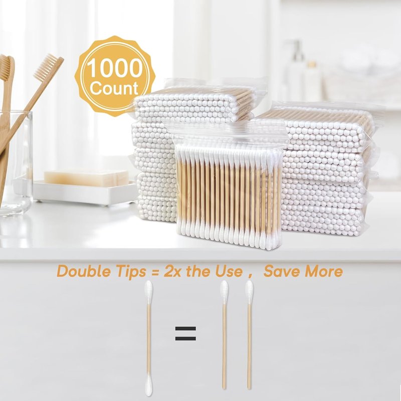 Bamboo Cotton Swabs - 1000 Count Biodegradable Double Tips for Ear & Makeup Care | Eco-Friendly Storage Box